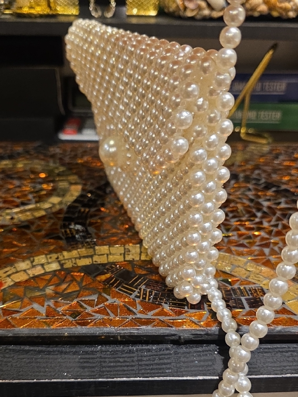 Pearl Beaded Clutch with Shoulder Strap - Elegant White Pearl Wristlet - Picture 4 of 6